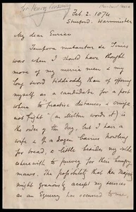 1874 Gen Sir Percy R B Feilding to Sir Henry Ponsonby re Equerry barco para Queen - Imagen 1 de 2