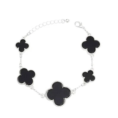 Brazalete de moda estación plateada con forma de tréboles de la suerte de resina negra 7+1,75 pulgadas Foto 1 de 4