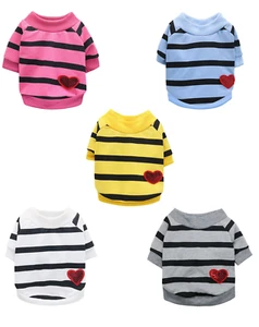Dog Puppy Shirt Tee Striped with Sequin Heart Pink Gray Blue Yellow XS S M L - Picture 1 of 37