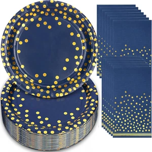 100PCS Blue and Gold Party Decorations,10 Inch Graduation Plates,Blue Paper Plat - Picture 1 of 12