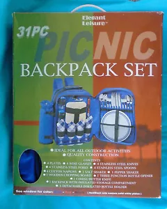 31-pc blue canvas PICNIC BACKPACK w/ WINE TOTE, Service for 4 by Elegant Leisure - Picture 1 of 7