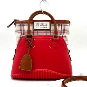 Maison Margiela 2way Handbag Shoulder Bag Canvas Rubber Leather Check Red - Picture 1 of 9