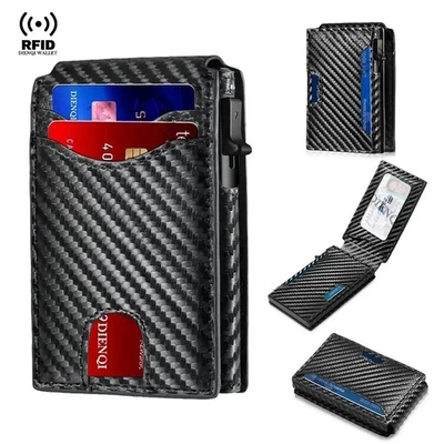 Men's Slim PopUp Bifold Carbon Fiber Wallet, RFID Blocking, Money Clip, Men Gift - Image 1 of 4