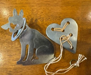 Vintage Metal Skill Puzzle Dexterity Challenge Dog Coyote Wolf & Heart Pair - Picture 1 of 5