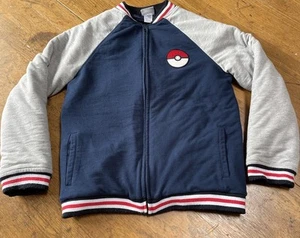 Pokémon Kids Coat Sz 14 16 Quilted Lined Zip Up Coat Poke Ball Logo Navy Gray - Picture 1 of 10