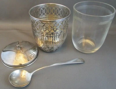 ANTIGUO Watson Plata de Ley MOSTAZA/GELATINA/MERMELADA/azúcar W75 Cuchara e Inserto de Vidrio Foto 1 de 4