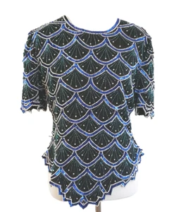 Vintage 1980's Laurence Kazar Beaded Sequin Silk Top Blouse Fits Size Large - Picture 1 of 7