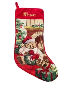Vintage WINSTON Personalized Needlepoint Wool Christmas Stocking Teddy Bear 19” - Picture 1 of 8