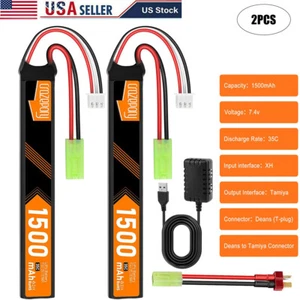 2x1500mAh 35C Airsoft Battery 7.4V Rechargeable 2S LiPo Battery Mini Tamiya Plug - Picture 1 of 8
