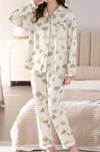 Cotton Women's Pajama Set 2 Pcs Long Sleeve Sleepwear Button Front Long PJ Pants - Picture 1 of 9