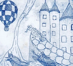 80s Art Etching Dragons Medieval Castle Architecture Hot Air Balloon Bridge 10x8 - Picture 1 of 4