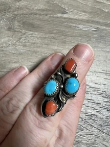 Vintage Southwestern Ring Turquoise Coral Size 7.25 Native Jewelry bin 53 - Picture 1 of 2
