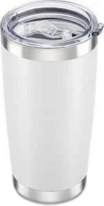 NEW WHITE 20oz INSULATED STAINLESS STEEL TRAVEL TUMBLER W/ LID, STRAW & BRUSH - Picture 1 of 6