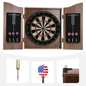 Brown Wall-Mounted Dartboard Set with Cabinet and Darts for Fun Games - Picture 1 of 19