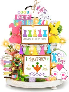 Easter Spring Tiered Tray Decor Set Bunny Wooden Table Sign Easter Tiered 15 Pcs - Picture 1 of 6