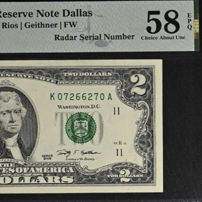 2009 $2 Federal Reserve Note PMG 58EPQ - Fancy Radar Serial Number 07266270 - Image 1 of 3