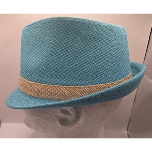 Teal Blue Woven Fedora Hat With Tan Band Adult - Picture 1 of 6