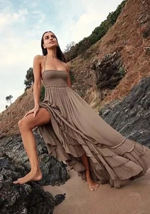 Free People Smocked Maxi Dress XL Olive Khaki Boho Gauze Summer Beach Vacation - Picture 1 of 12