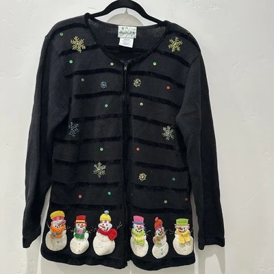 The Quacker Factory Women Christmas Cardigan Sweater Full Zip M Bead embroidered - Image 1 of 4