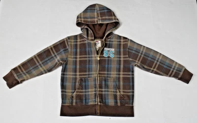 Moletom infantil OshKosh B'Gosh tamanho 6 marrom azul xadrez bordado com capuz - Imagem 1 de 4