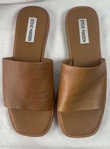 Steve Madden Women's Karolyn Flat Slide Sandals Cognac Lea Brown US Size 7M - Picture 1 of 10