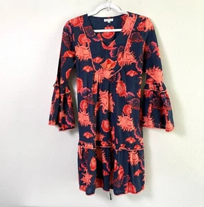ModaPosa Mini Dress Size M Navy Red Seashell Print Embroidered Ruffle Cotton - Picture 1 of 12