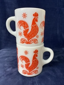 Vintage Hazel Atlas Red Rooster Milk Glass Coffee Cup Mug, Set of 2 - Picture 1 of 10