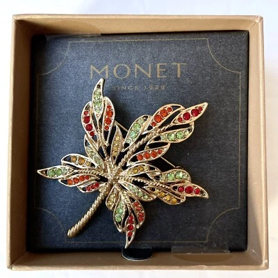 MONET Rhinestone Maple Leaf Pin Broach Gold Tone Orange Green Yellow NEW in Box - Изображение 1 из 4