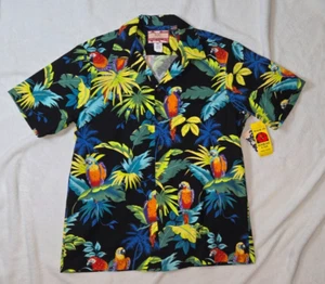 Vtg RJC Hawaiian Shirt Men's Medium Black Palm Leaves & Parrots Tropical Cruise - Picture 1 of 5