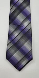 HALSTON Men's 100% Hand Made Polyester Necktie ~ Black Gray Purple Stripes ~ - Picture 1 of 5