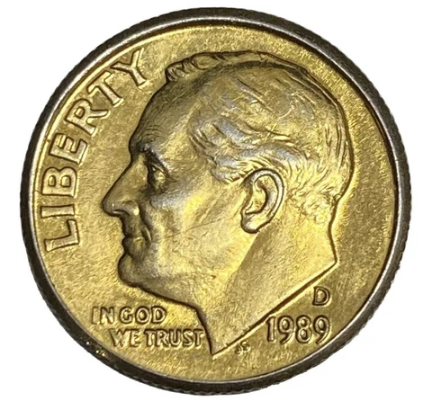 1989 D Roosevelt Dime Gold Toned Error Cover