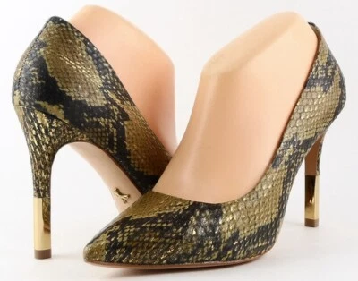 $264 POUR LA VICTOIRE CAMRIN Zapatos de salón de cuero de serpiente dorado con punta de diseñador 8,5  Foto 1 de 4