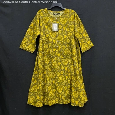 NWT Wmns GUDRUN SJODEN Swedish 100% Cotton Green Pattern 3/4 Sleeve Midi Dress M - Image 1 of 4