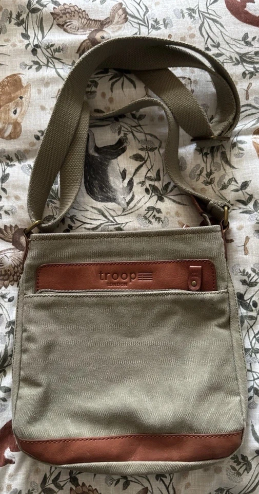 Troop London Canvas Crossbody Bag Carrie Colour With Brown Leather Detail - Image 1 of 4