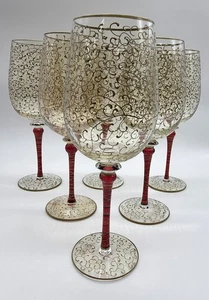 SET OF 6 Pier 1 Gold Filigree Art Crystal Glass Wine Goblets Red Stem RARE VTG - Picture 1 of 4