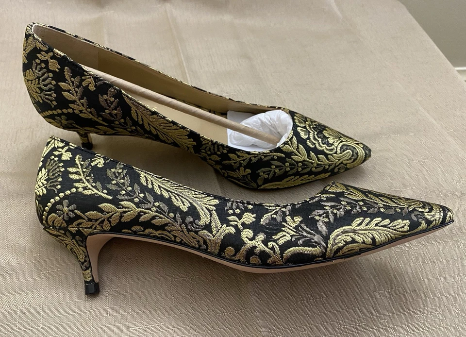 Ann Taylor черный цветочный золотой лист котенок каблуки насос 7,5 кожаная подошва отличном! - Изображение 1 из 4