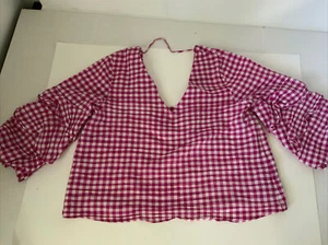 ZARA Basica Collection Ladies Checkered Crop Top Medium Ruffled Sleeves Blouse - Picture 1 of 4