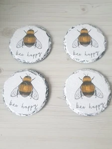 "Be Happy" Biene Untersetzer 4er Set Decoupage Schiefer Rund Esszimmer Deko Geschenk - Bild 1 von 4