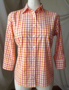 LANDS'END NO IRON SHIRT 3/4 SLEEVE ORANGE/WHITE BUTTON UP PLAID COLLARED TOP 4P - Picture 1 of 7