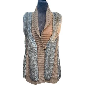Faux Fur Cable Knit Gilet Vest Mobwife Western Tan Brown Sz L - Picture 1 of 9