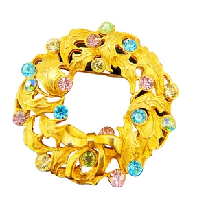 Broche broche corona diamantes de imitación pastel vintage tono dorado hojas en relieve MCM - Imagen 1 de 24
