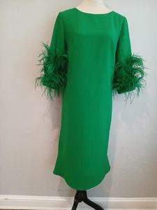 Jovani Green Feather Fringe Crepe A Line Modest Dress Size 8 Half Sleeve  - Picture 1 of 11