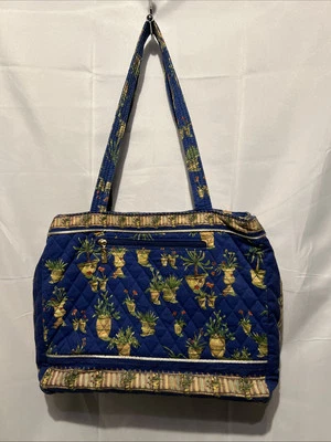 AMERICANA BY SHARIF BLUE FLORAL TOTE BAG Quilted Cotton Shoulder Flower Pots 15” - Image 1 of 4