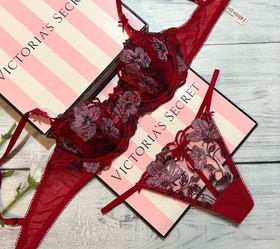 Victoria&rsquo;s Secret Wicked Bows Embroidery Unlined Balconette Bra Thong Set