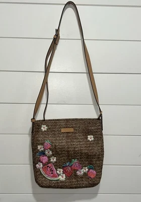 Bolso de Hombro Vera Bradley Marrón/Tostado Bordado Fruta Bolsillo Frontal Paja Foto 1 de 4