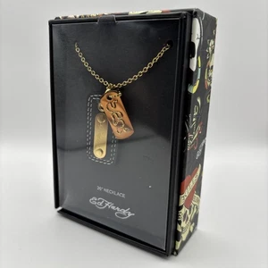Authentic Ed Hardy Gold and Leather Dog Tag Necklace 26” - Picture 1 of 6