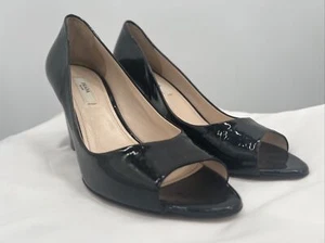 Prada Women's Black Pumps Wedge Heels Patent Leather Peep Toe Shoes Sz 36.5/ 6.5 - Picture 1 of 15