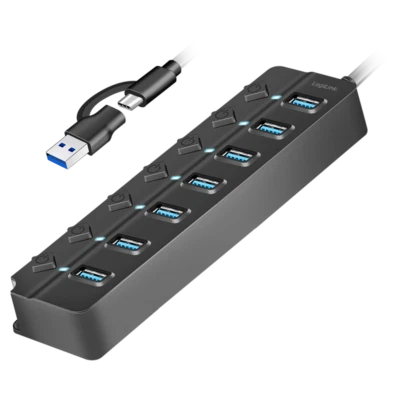 USB-C HUB Verteiler 7 Port USB Ein/Aus Schalter Type-C aktiv Netzteil schwarz - Bild 1 von 4