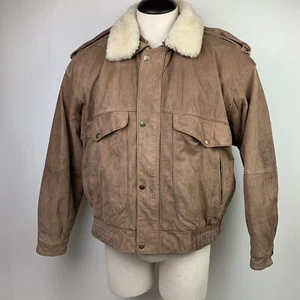 Vtg Outback Red Sz XL Brown Leather Sherpa Collar Satin Lined Bomber Jacket - Picture 1 of 10