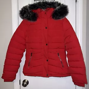 YMI Coat Parka Red Hood Fur Trimmed Size Medium Fall Winter Zip - Picture 1 of 21